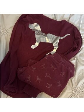 PINK Victoria's Secret Maroon Thermal Pajama Set with Silver Dog Graphic